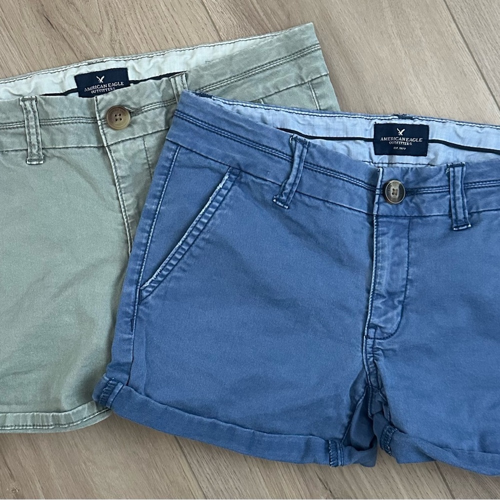 American Eagle Outfitters Blue & Olive Cotton Cargo Shorts Duo
